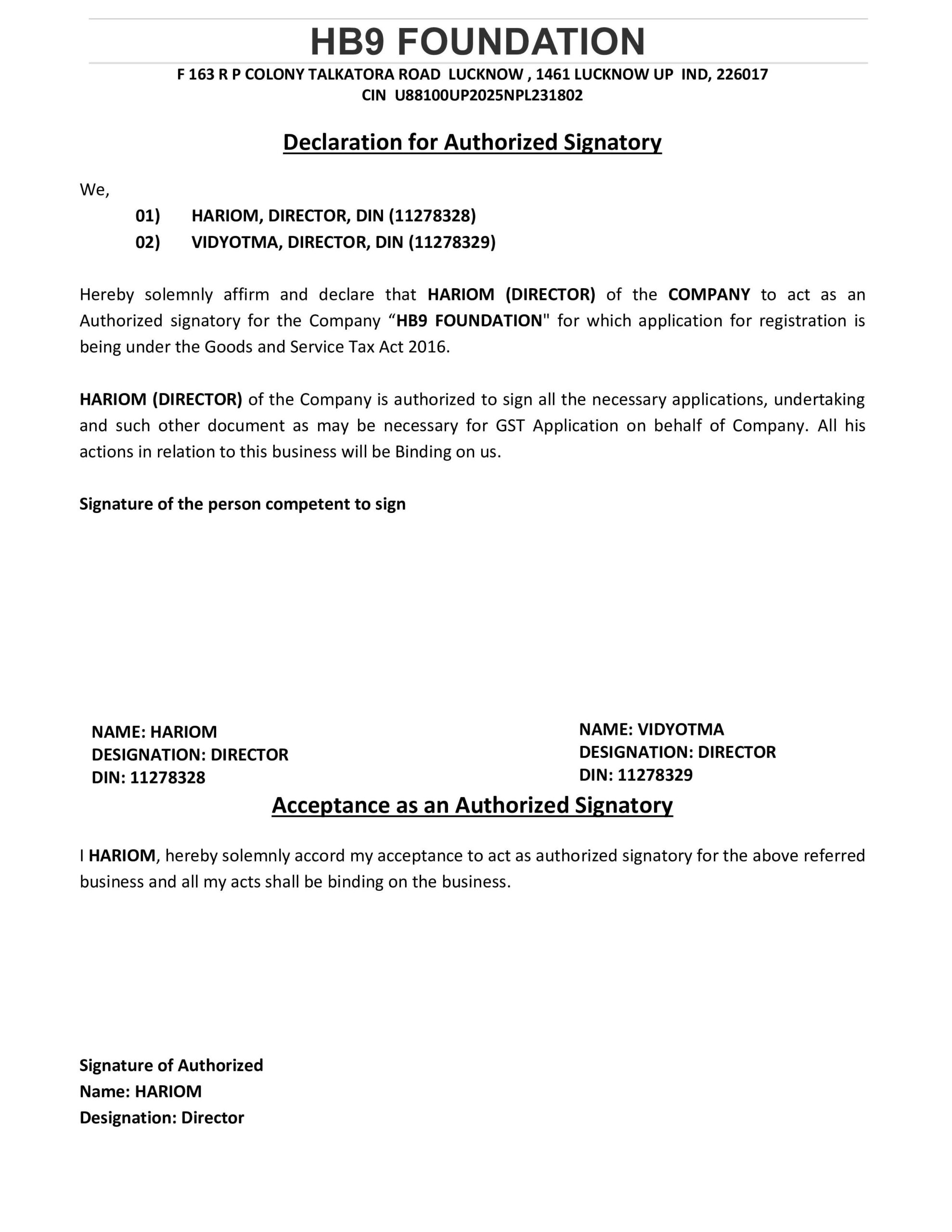 LETTER OF AUTHORIZATION1
