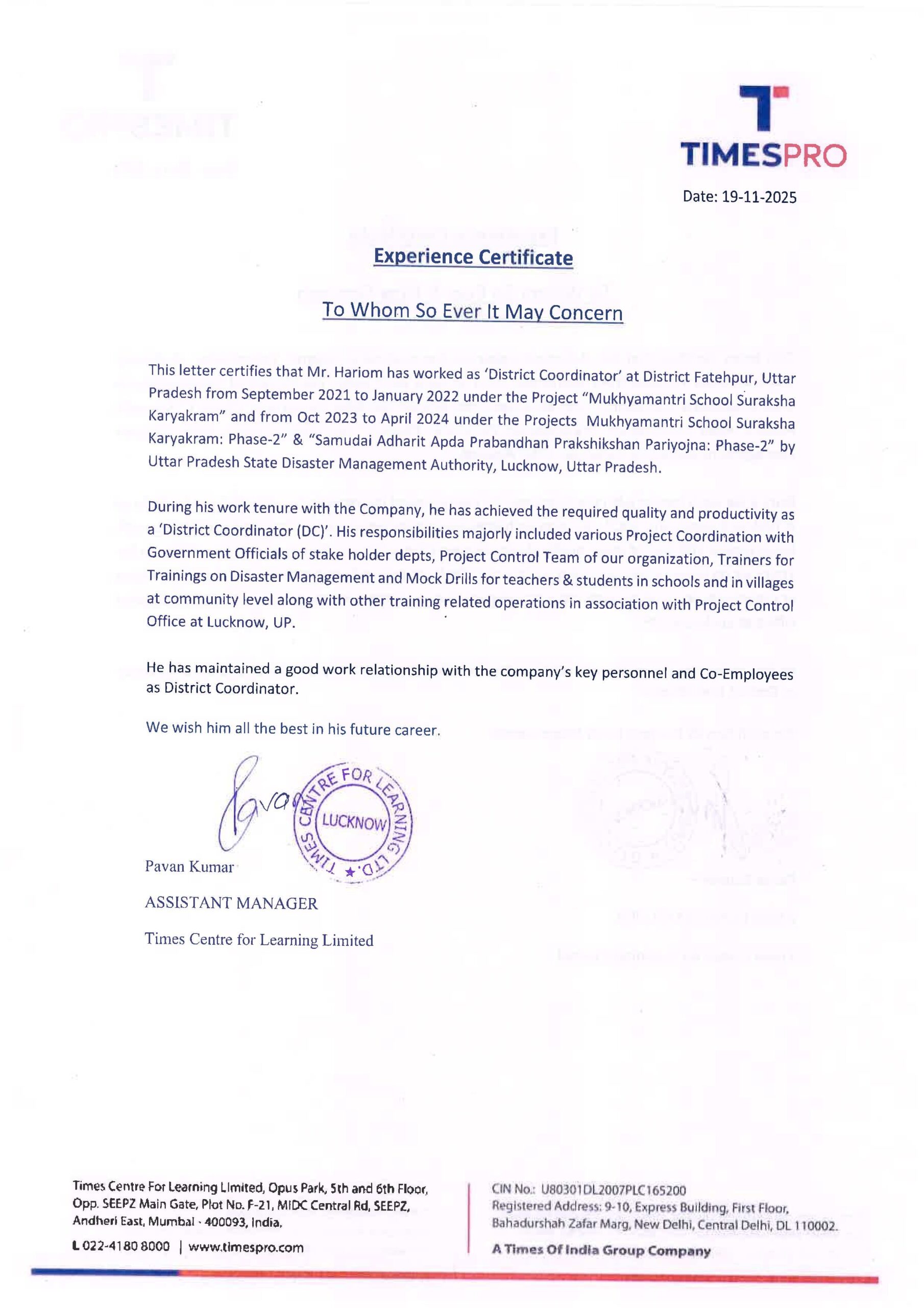 times anubhav certificate
